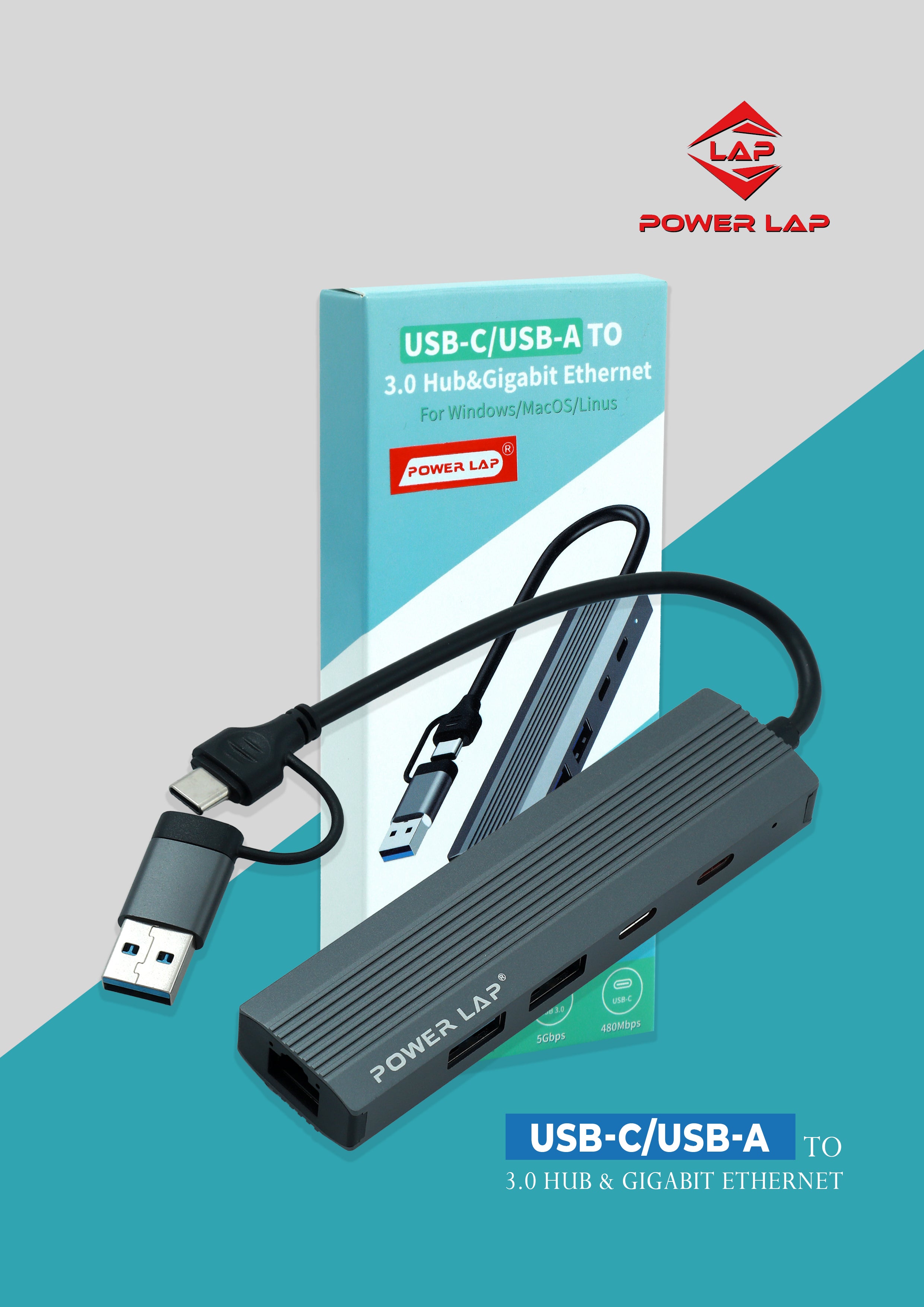 POWER LAP®PL-563 USB C/USBA TO  3.HUB+LAN 5 IN 1