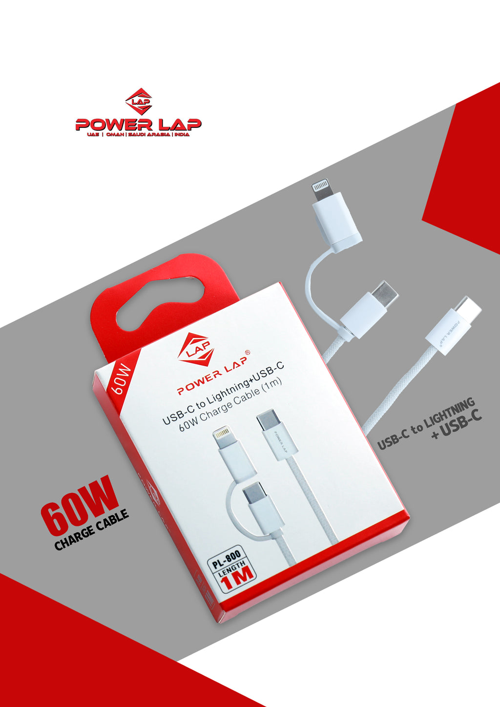 POWER LAP® 60W Fast Charging Cable – PL-800 (USB-C to Lightning + USB-C | 1 Meter)