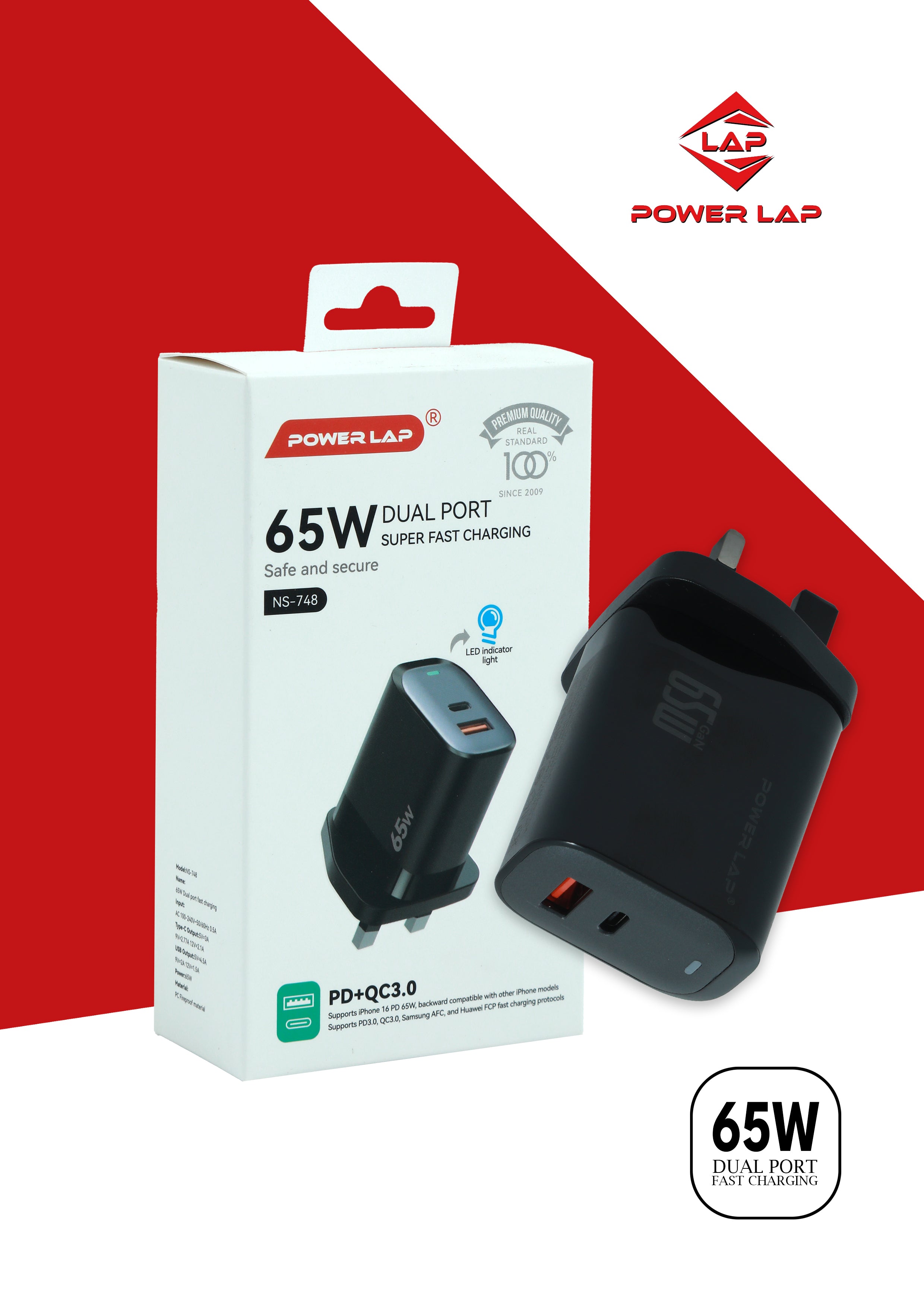 POWER LAP® 65W Dual Port Super Fast Charger – HS-748 High-Speed PD + QC Charging for All Your Devices