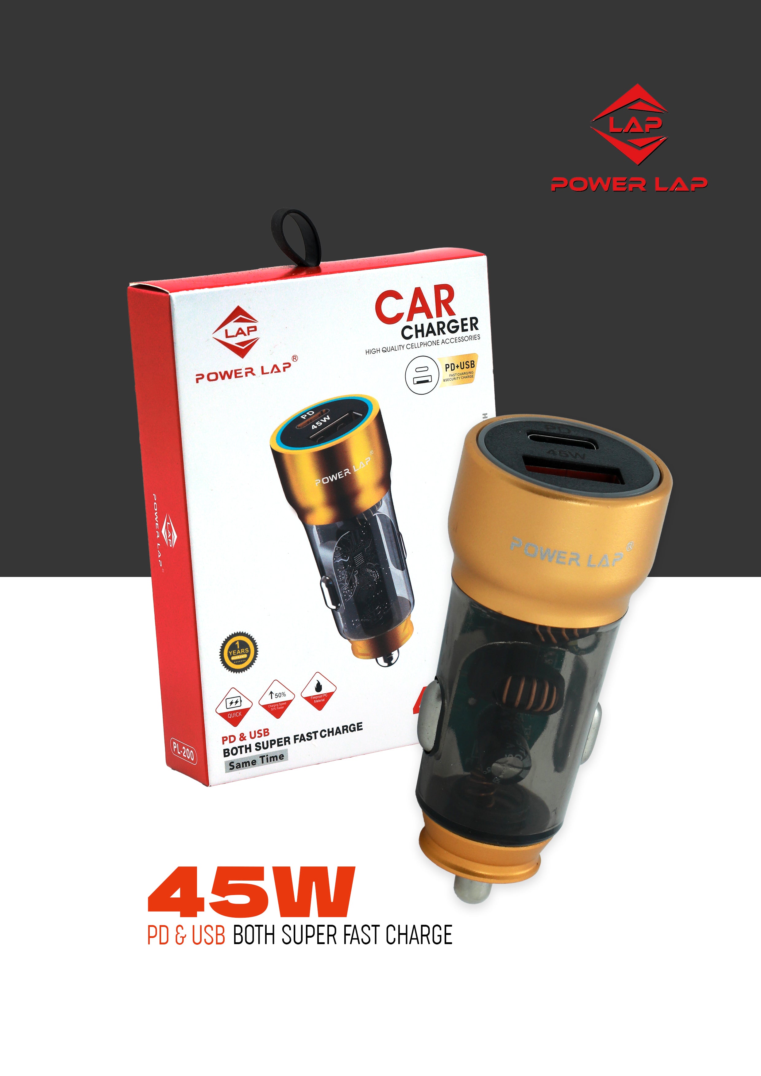 POWER LAP® 45W Car Charger – PL-200 Premium Fast Car Charging with Dual Ports & Smart Protection