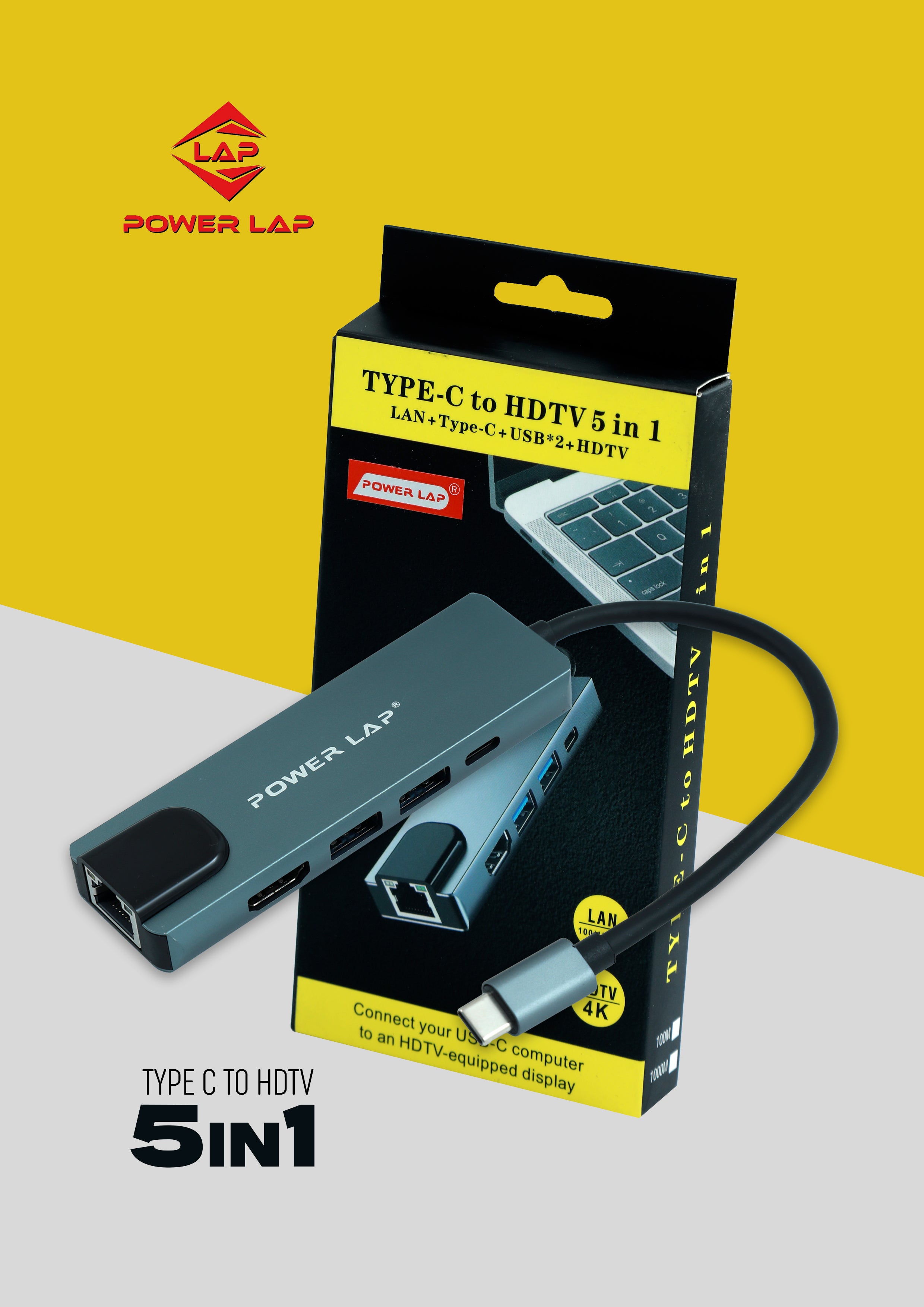 POWER LAP® PL-511 TYPE-C 5 IN 1 HDMI+LAN ADAPTER