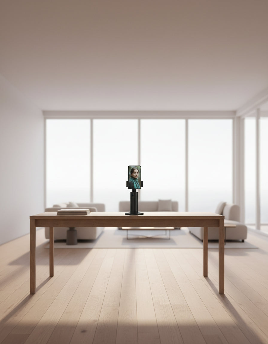 AI tracking desktop stand with smartphone holder on a red and black background