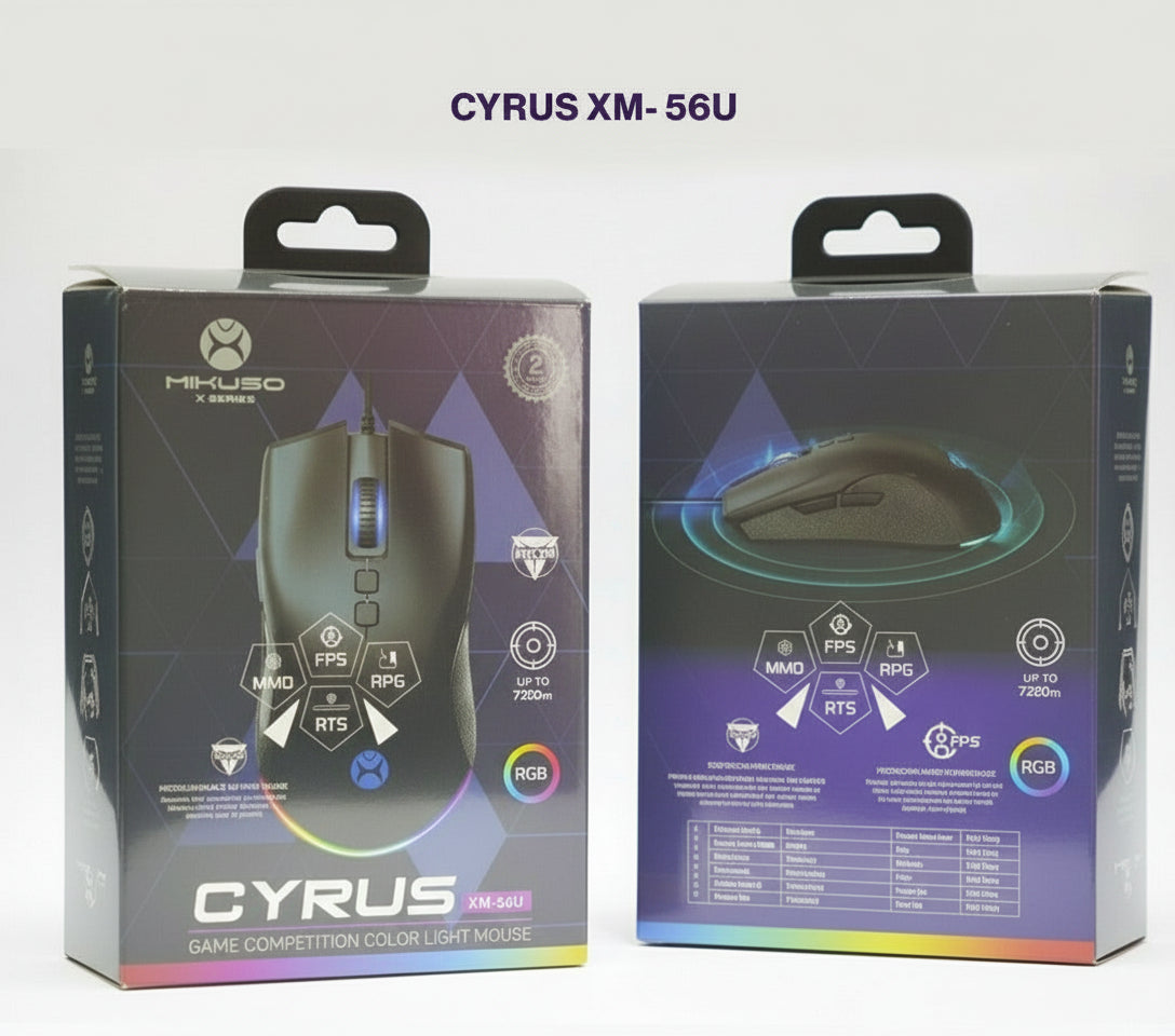 Cyrus XM-56U gaming mouse with colorful lighting effects on a white background.