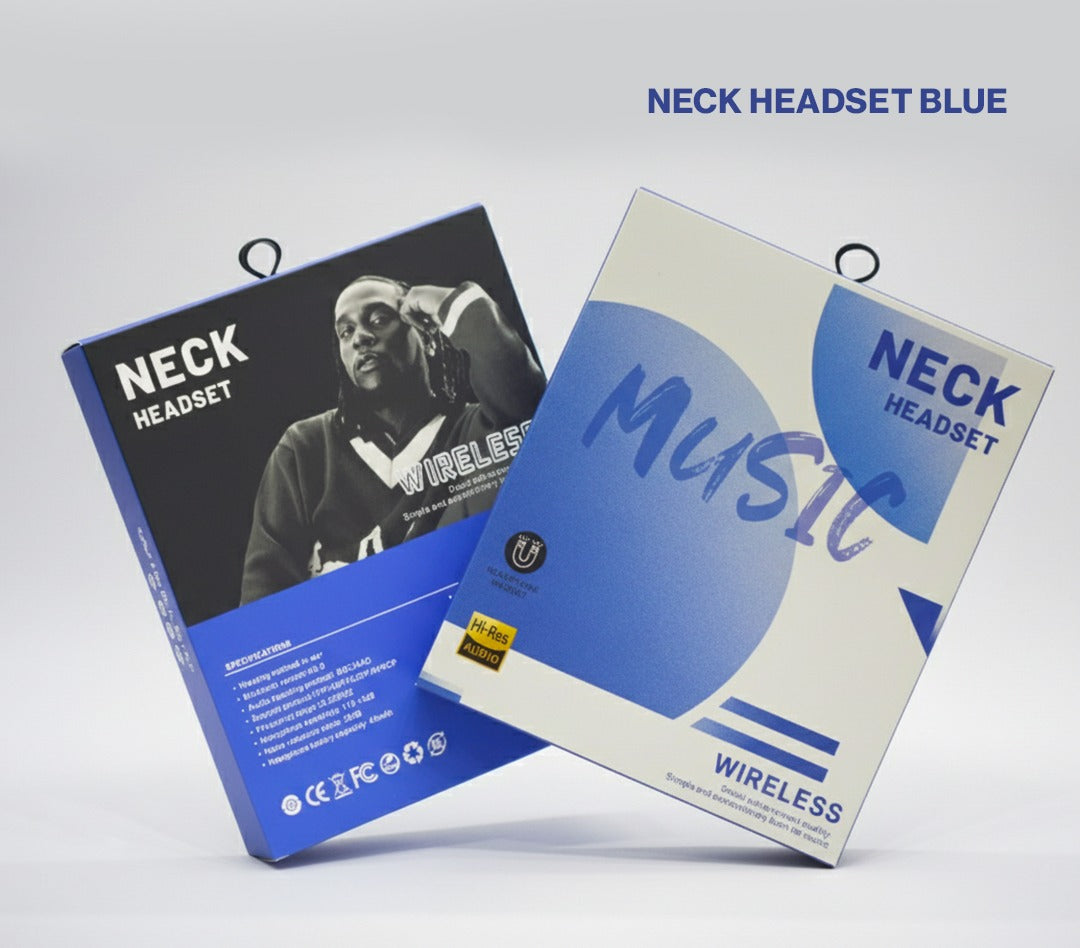 Two packaging boxes for 'Neck Headset Blue' on a light gray background
