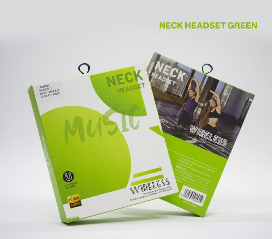 Green neck headset packaging with 'Music Wireless' text on a white background