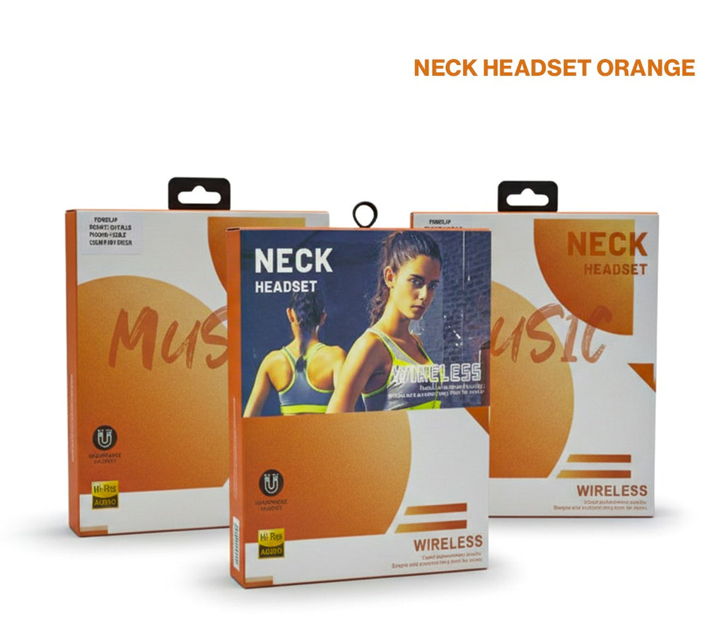Neck headset packaging with a focus on 'Orange' color theme