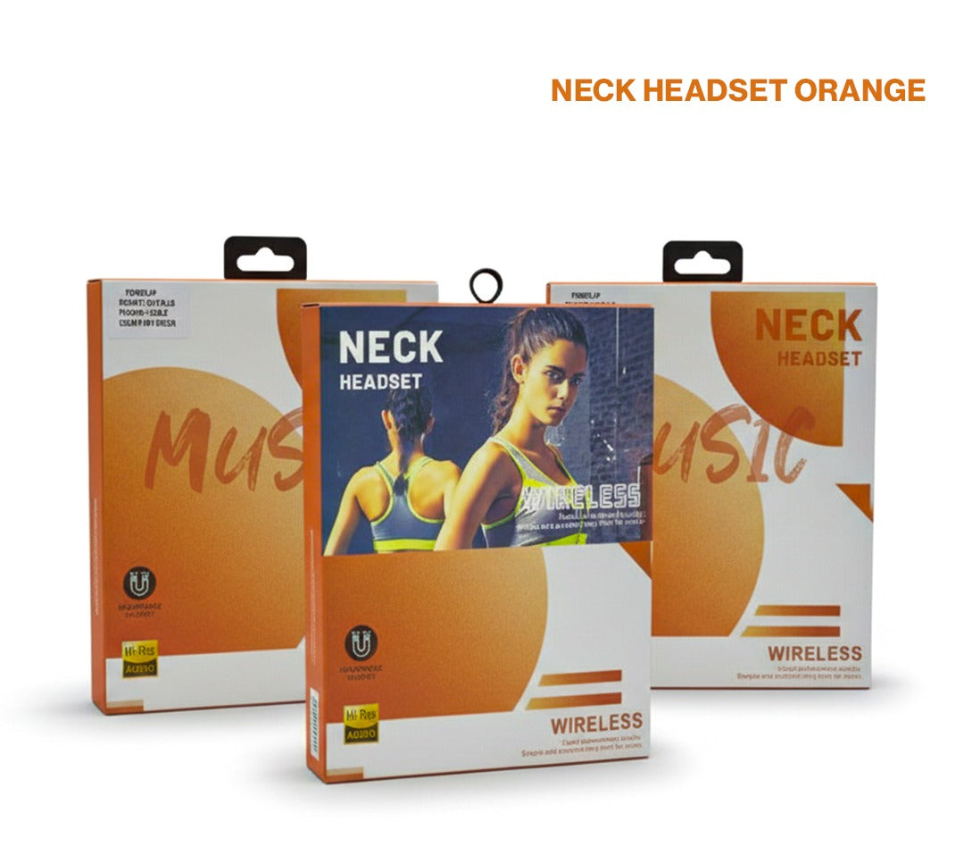 Neck headset packaging with a focus on 'Orange' color theme