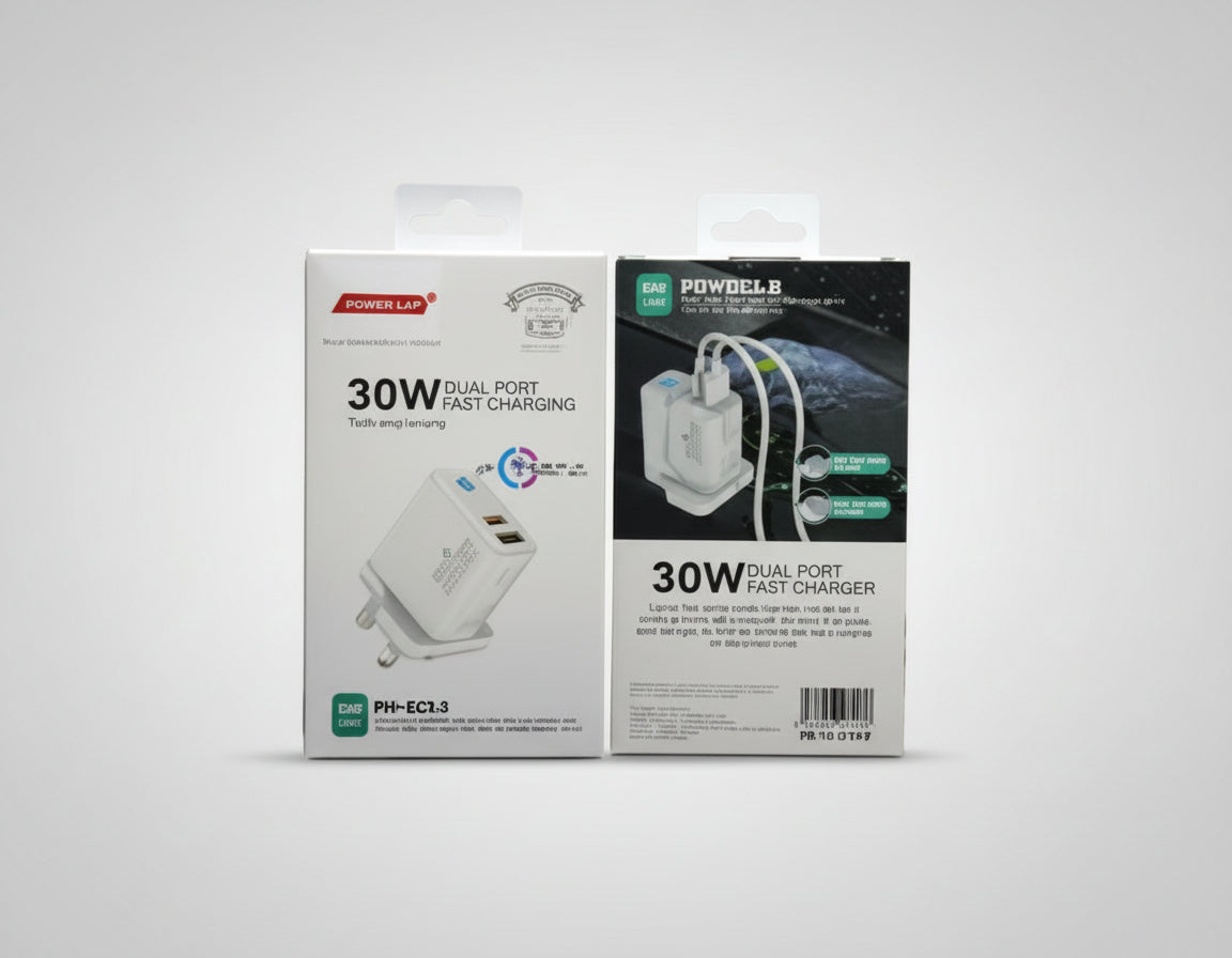 Power Lab 30W dual port charger packaging with charger on a white background