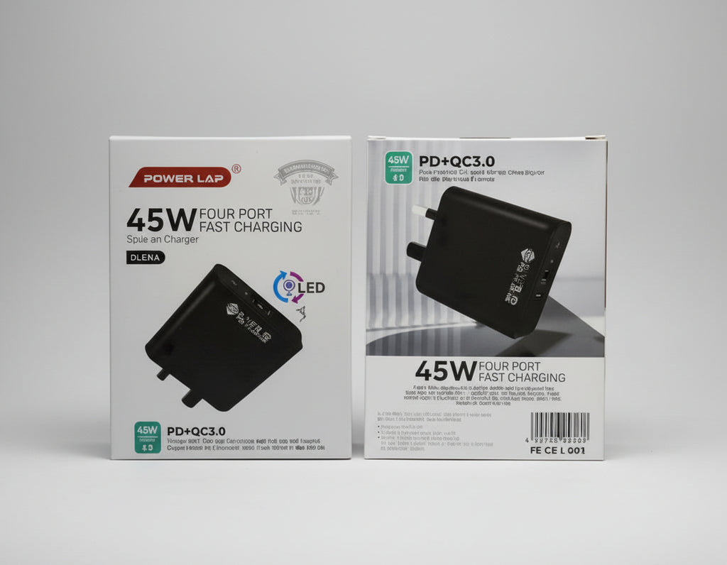 Two Power Lap 45W fast port chargers with their packaging on a white background.