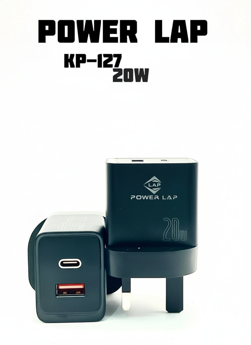 Power adapter with USB-C and plug, branded 'POWER LAP', on a white background.