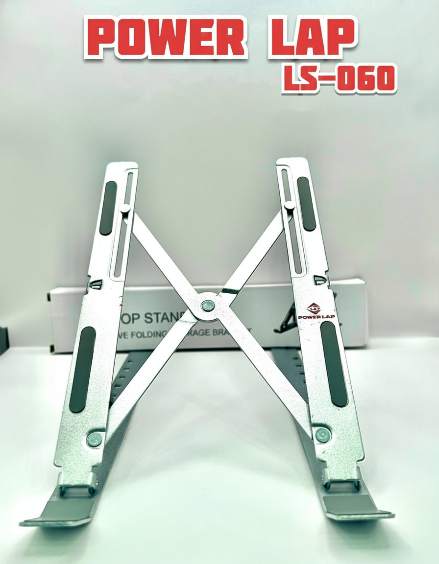 Silver laptop stand with 'Power Lap' branding on a white background