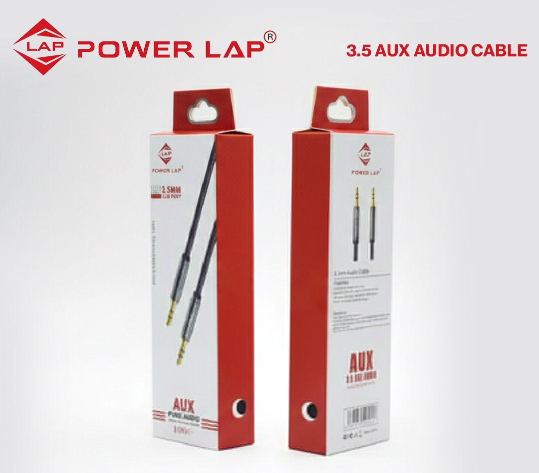 Power Lap 3.5 AUX audio cable packaging on a white background