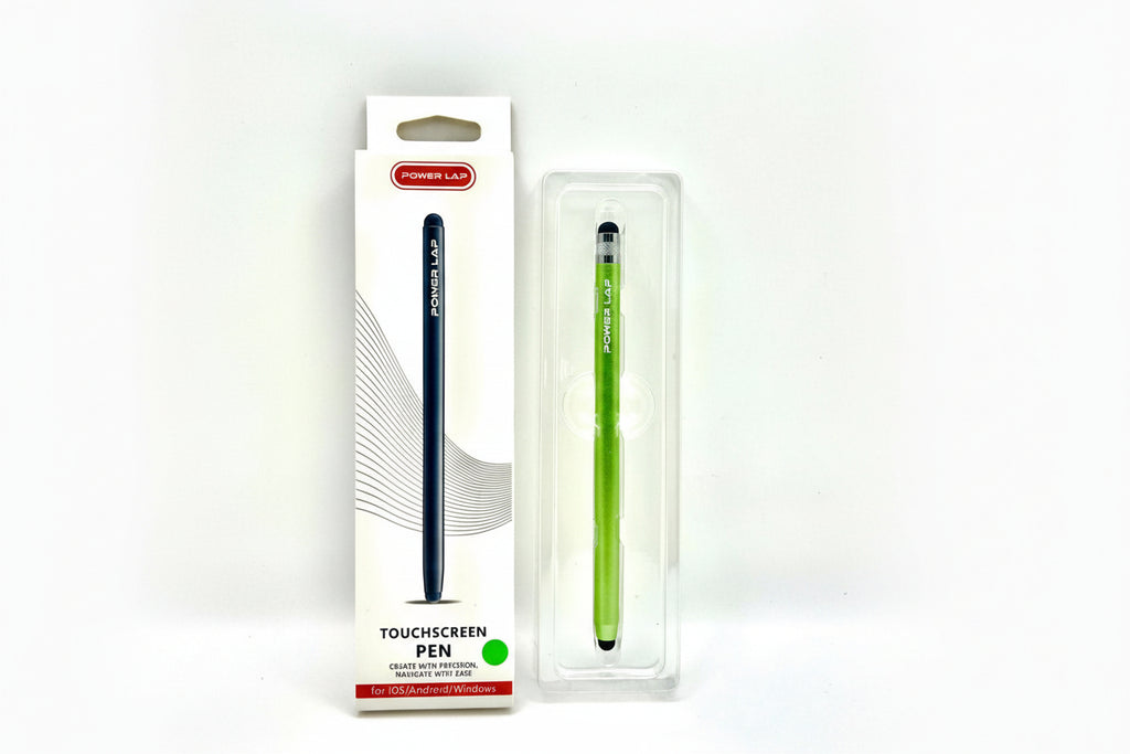 Power Lap touchscreen pen packaging with a green pen on a white background