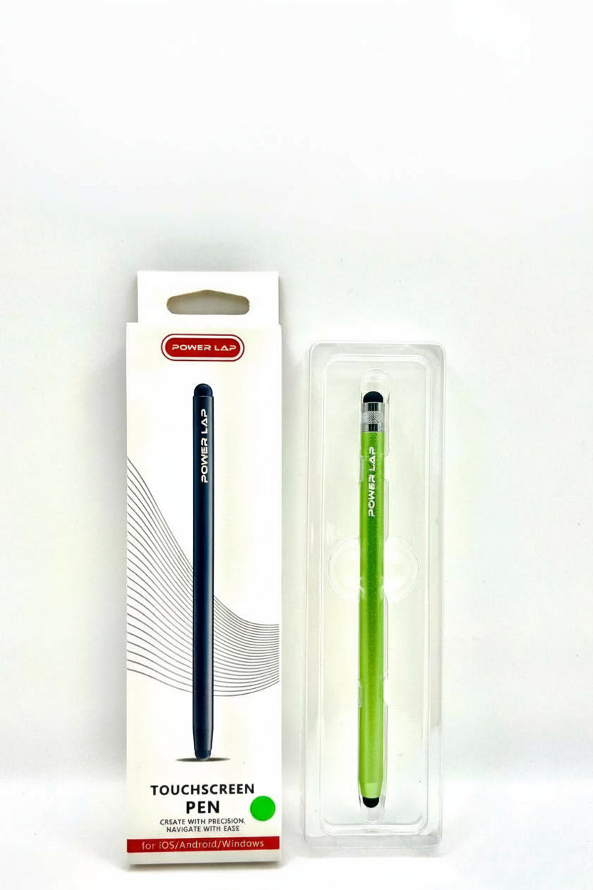 Power Lap touchscreen pen packaging with a green pen on a white background