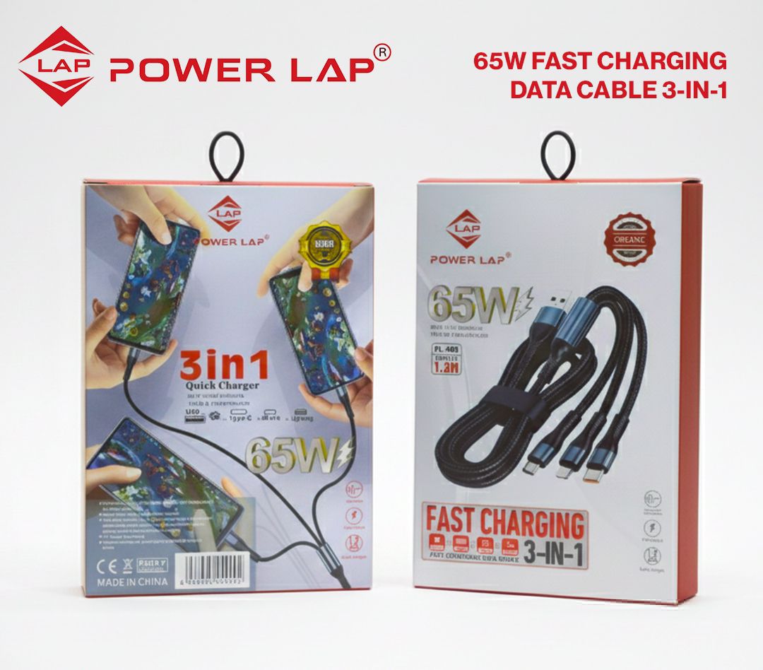 POWER LAP® 65W Fast Charging 3-in-1 Data Cable (1.2 Meter) PL-400