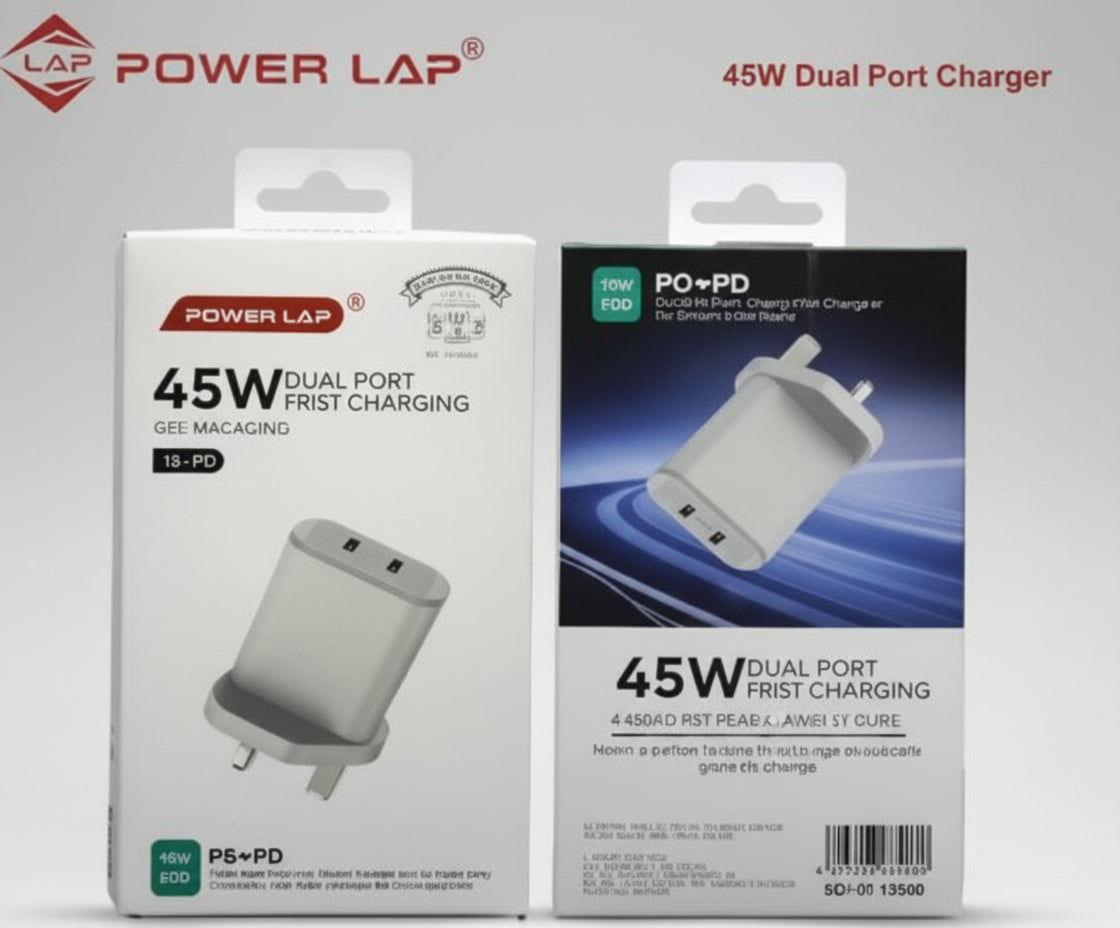 Power Lap 45W dual-port charger packaging on a white background